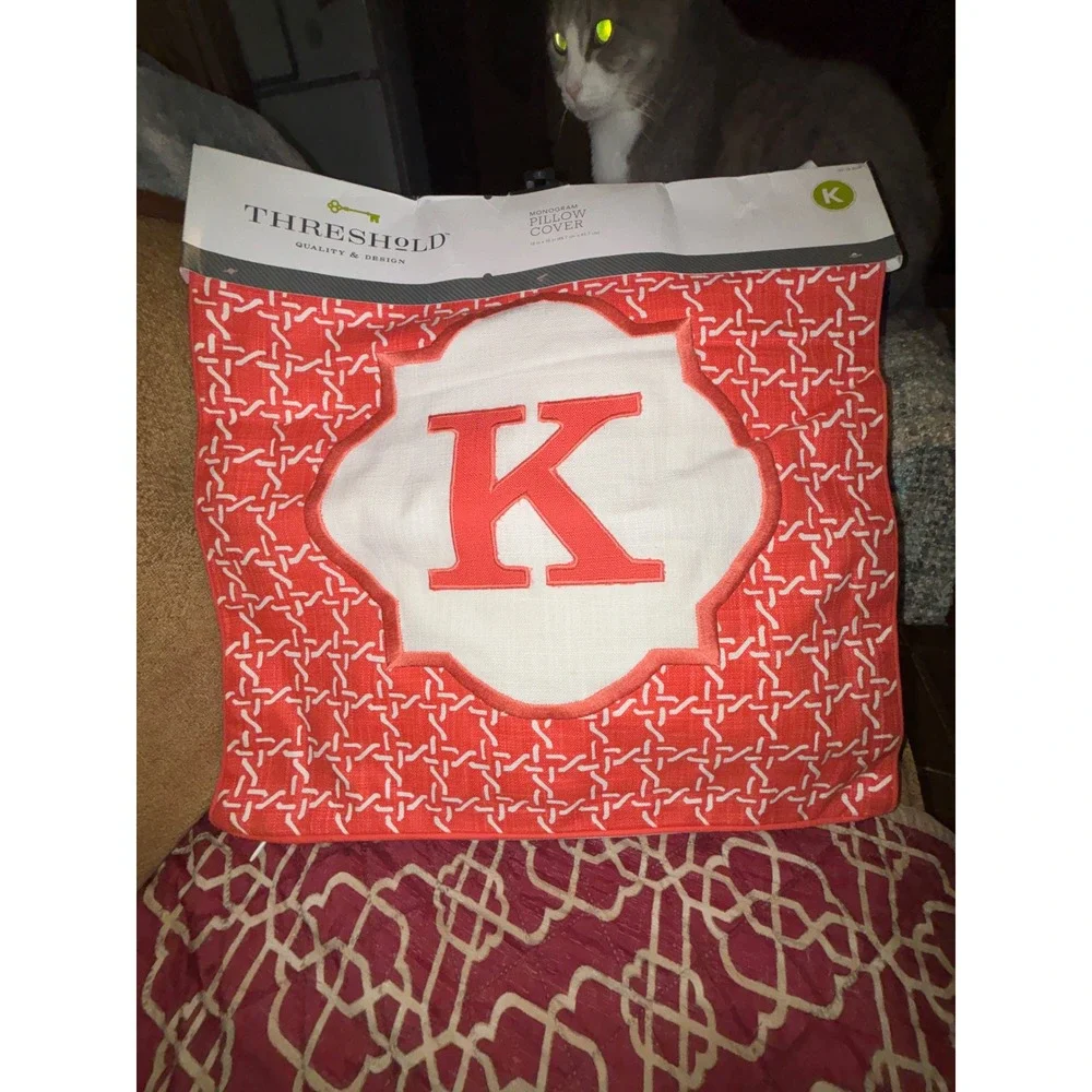 Threshold Monogram Pillow Cover Letter K Coral White 18x18 Square NEW